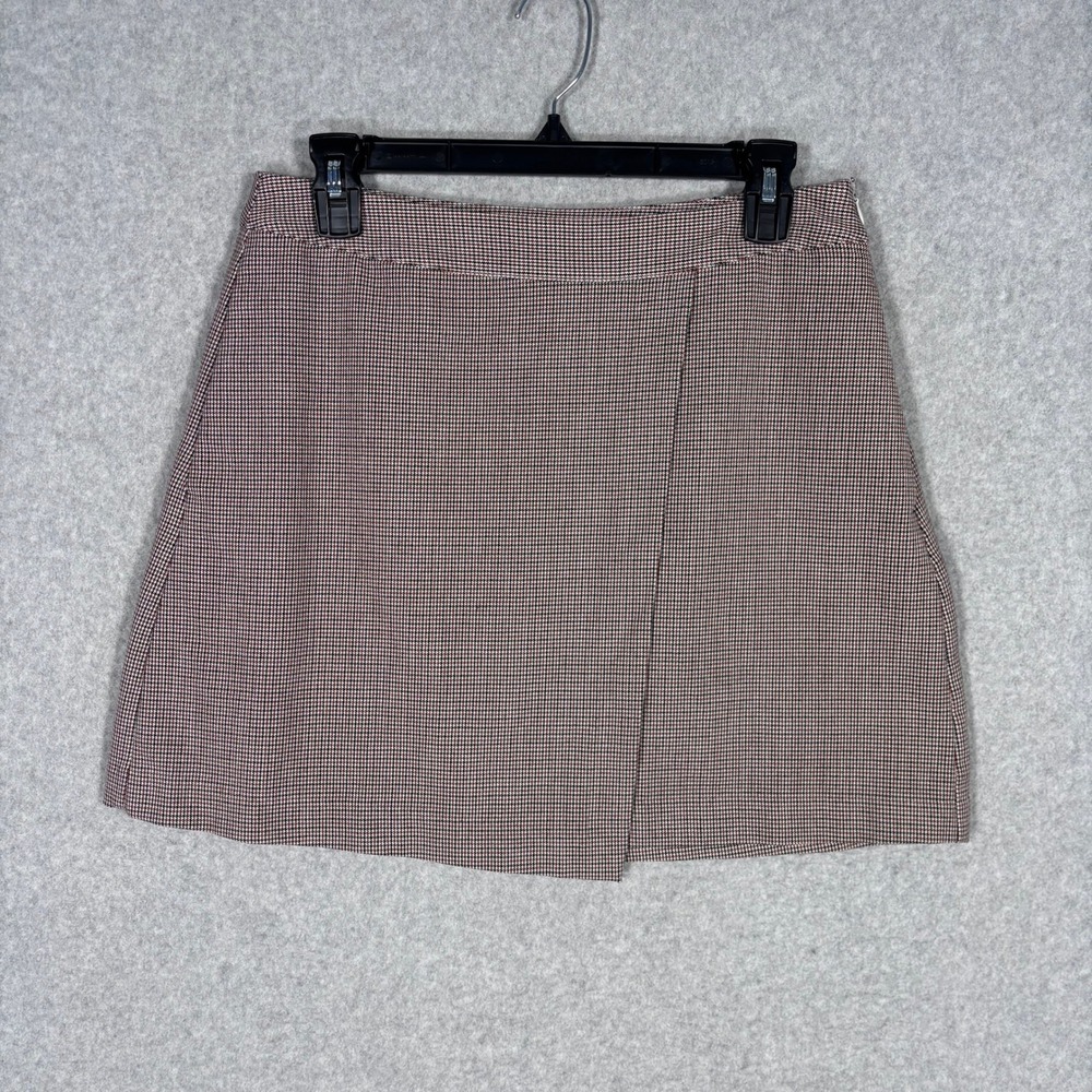 A New Day Mini Skirt Size 6 Brown Navy Houndstooth Plaid Faux Wrap Preppy School